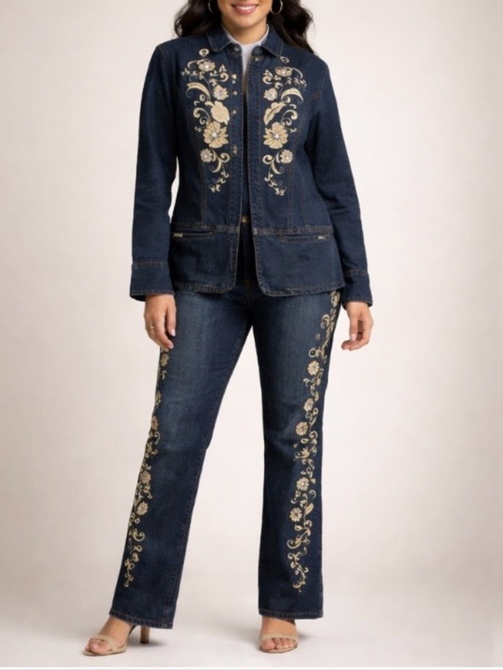 Denim 24/7 Dark Blue Straight-Leg Jeans with Cream Floral Embroidery